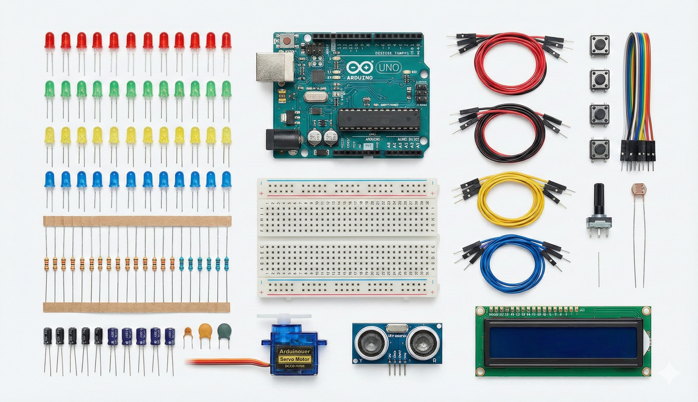 Neatly arranged Arduino components displayed top-down