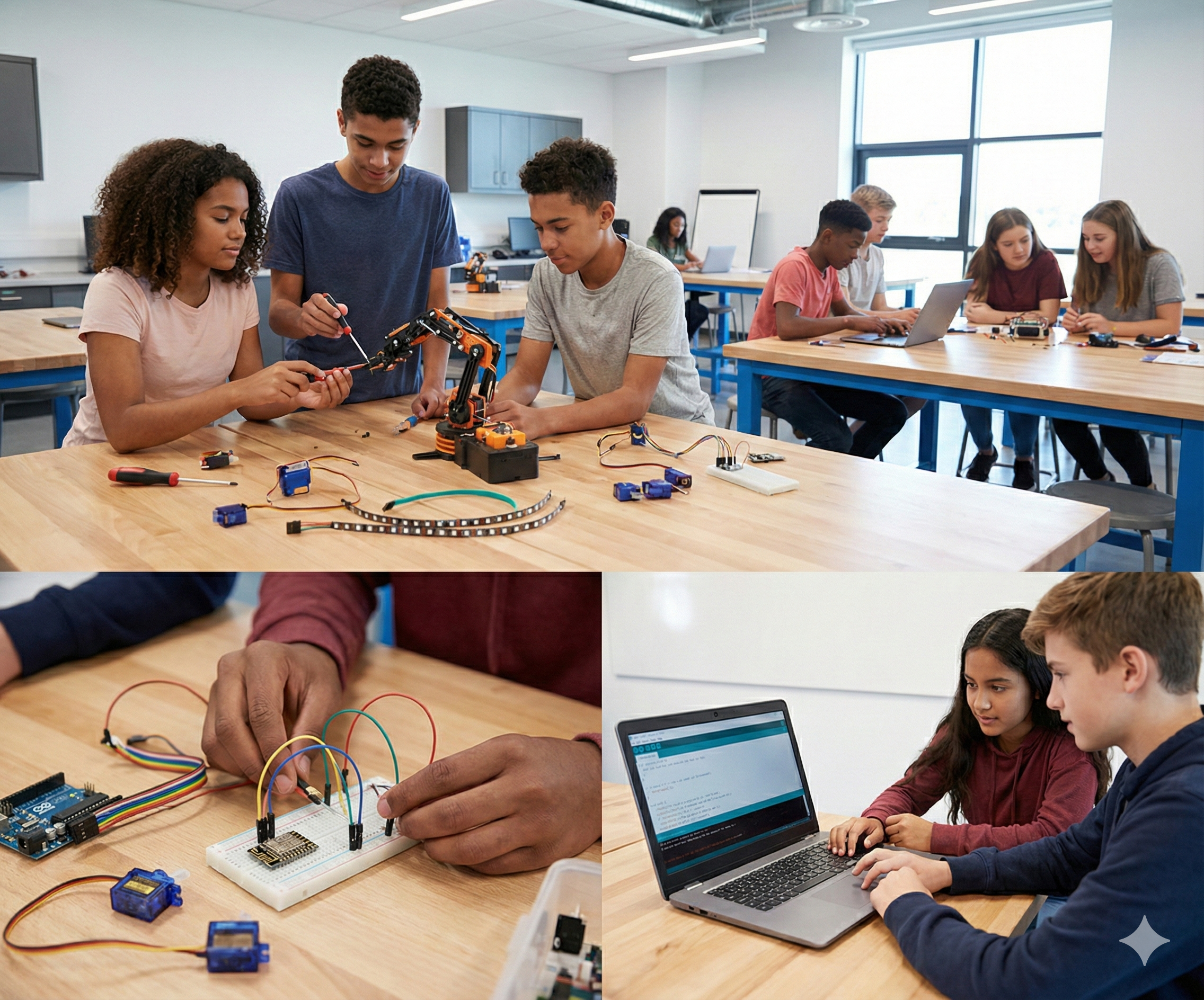 Students working with robotic arms, sensors, and microcontrollers in a futuristic classroom